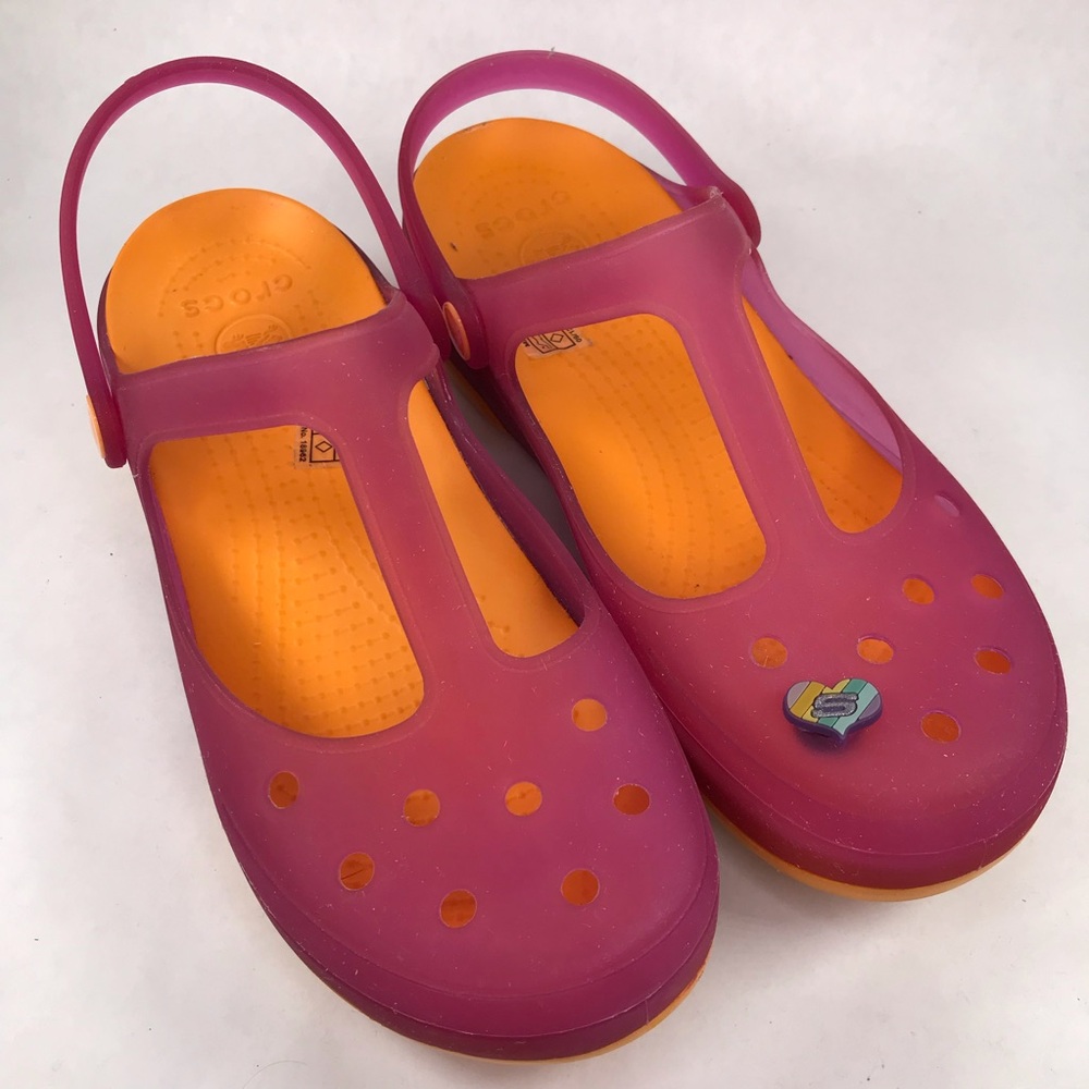 Crocs Women's 8 Carlie Mary Jane Flats Pink Orange Translucent T-Strap Shoes